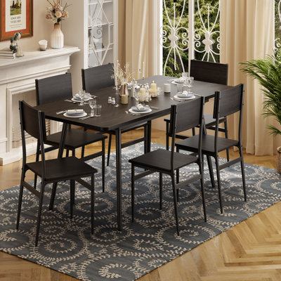 Deyton Modern 7-Piece Rectangular Expandable Dining Set with Wood Chairs, 63'' Table