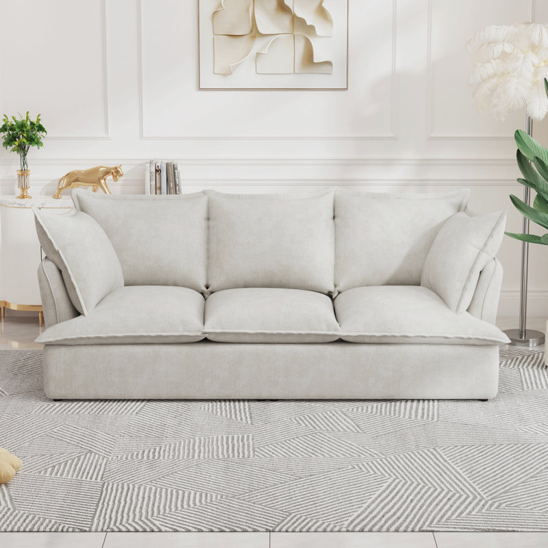 " modern deep seat 3-seater cloud sofa with 2 armrest pillows, chenille fabric, comfortable for living room, Beige Chenille
