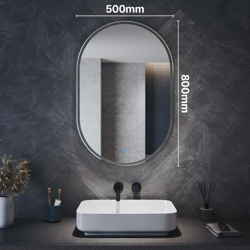 Oval White Metal LED Bathroom Mirror, Front Frosted Edges, Anti-Fog, Touch Stepless Dimming with Pow
