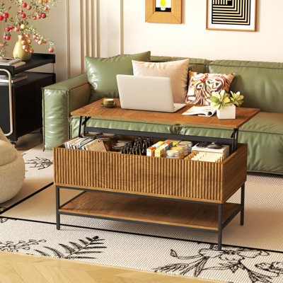 Farmhouse Lift Top Coffee Table 39.4 Inch - Rustic Brown With Hidden Storage & Lower Shelf - Sturdy Steel Legs For Living Room