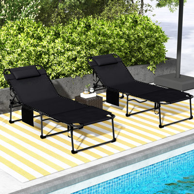 Méridienne d'extérieur réglable à 5 niveaux, tissu respirant, siège élastique, poche latérale, noir pour patio, cour, soleil pliant 2 pièces avec inclinaison à 5 angles, trou de lecture,