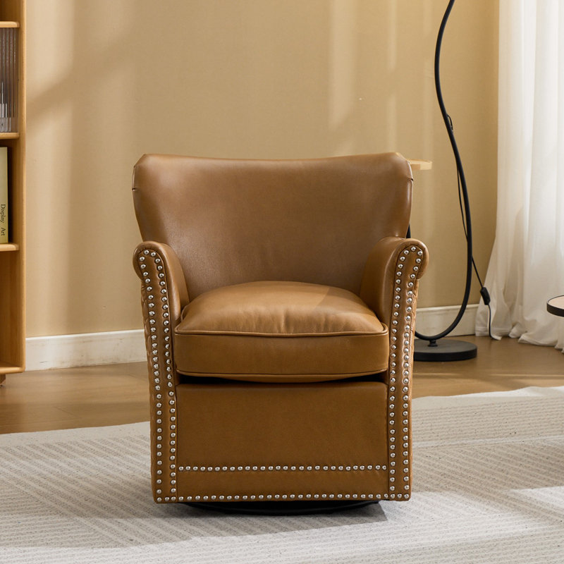 Fauteuil pivotant rembourré en cuir véritable l 26,4 po, Café