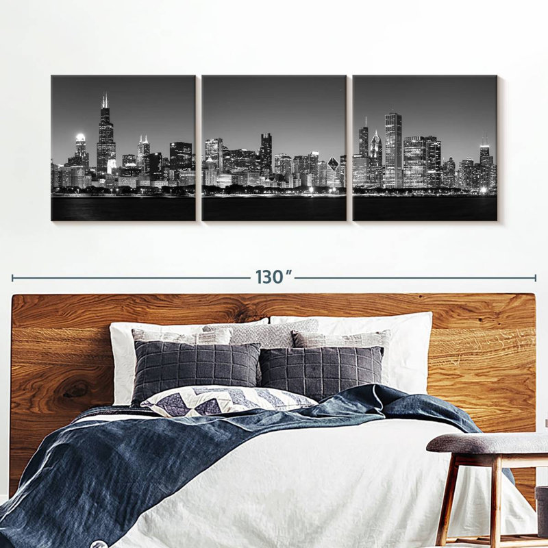 Noir Chicago Skyline, 3 pièces, H 36 po x l 110 po x P 1,25 po