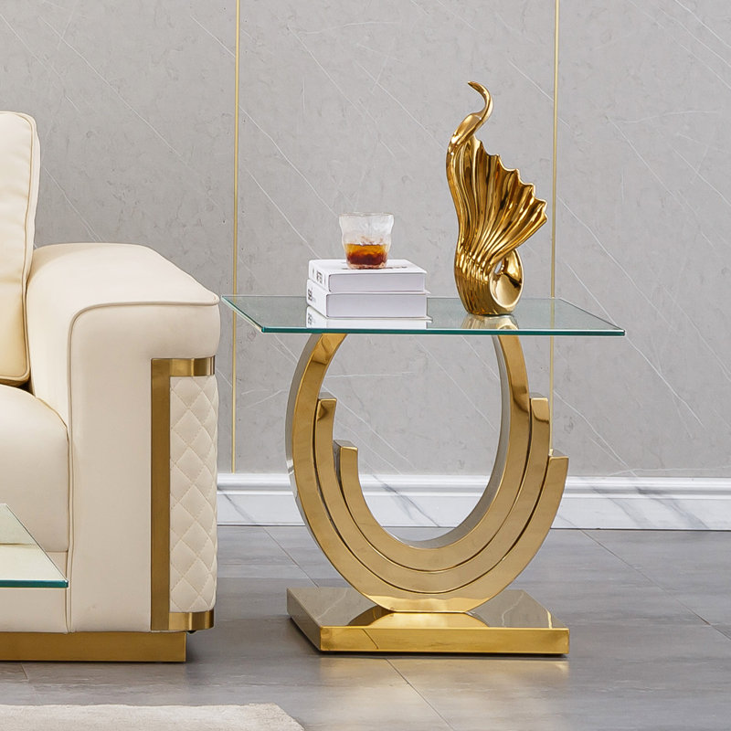 Luxury Square End Table, 22.8" Glass Sofa Side Table with Stainless Steel Frame and Clear Glass Top, Cocktail Tea Table, Modern Glass End Table for Home Office