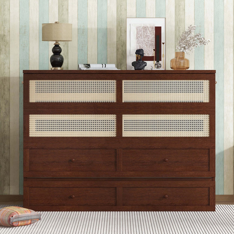 Grand lit escamotable avec rangement en rotin et tiroir, Noyer
