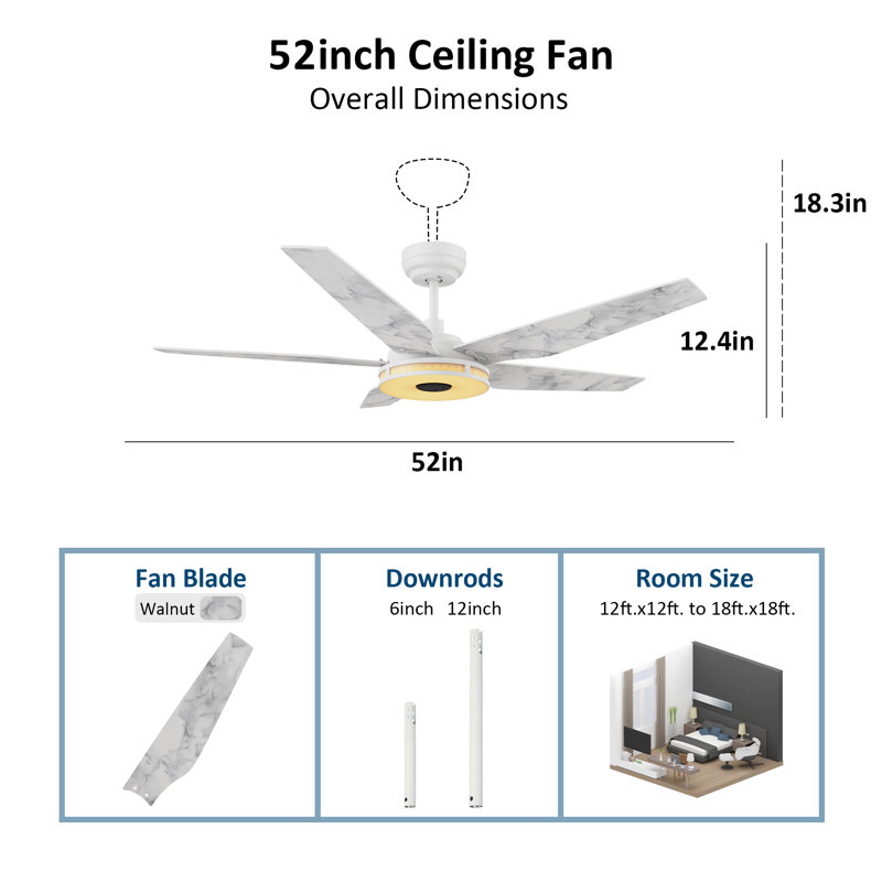 Ventilateur de plafond standard à DEL à 5 pales avec télécommande et ensemble d'éclairage inclus, Marbre blanc, Blanc
