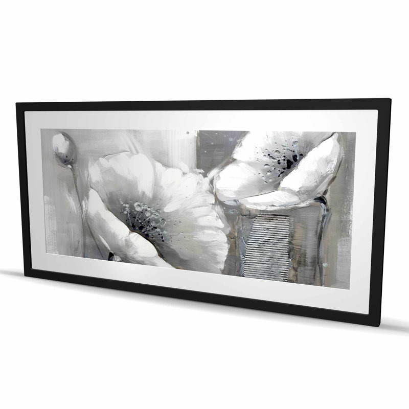 Fleurs industrielles monochromes - reproduction encadrée blanche pour la décoration, H 24 po x l 48 po, Noir
