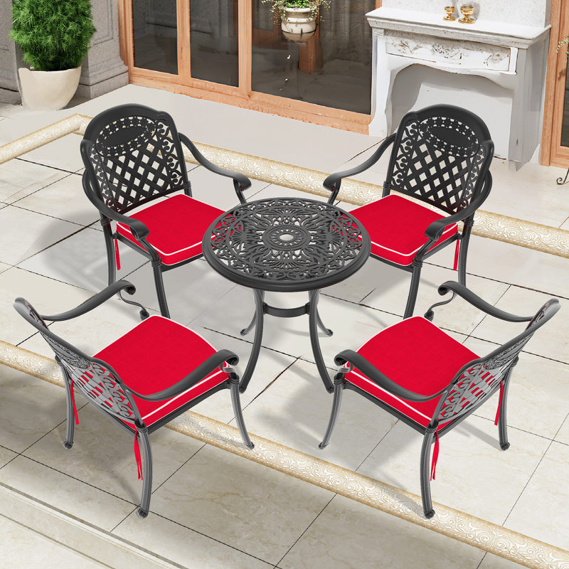 Ensemble de 5 meubles de patio en aluminium coulé avec cadre noir et coussins de siège rouges