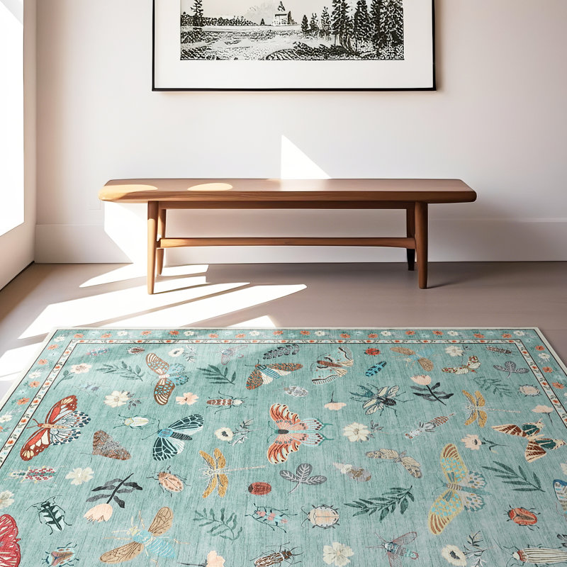 Insect Floral Area Rugs Modern Accent Carpet with Non-Slip Backing, Stain-Resistant Low Pile Floor Cover, Machine Washable Ultra-Soft Indoor Mat for Living Room, Bedroom, Kitchen