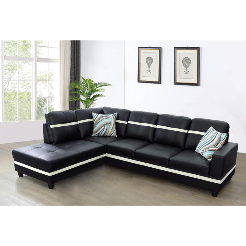 Bawan Faux Leather L-Shaped Sectional, Left Hand Facing, Black/White Faux Leather