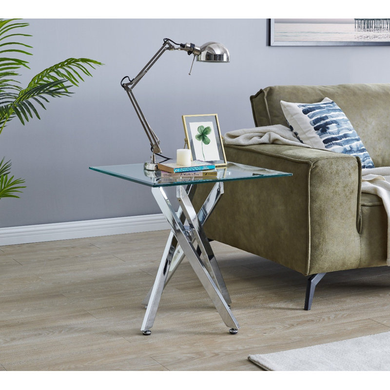 Chayton Modern Contemporary Glass and Square Small Table - Sofa Side Table, Chrome