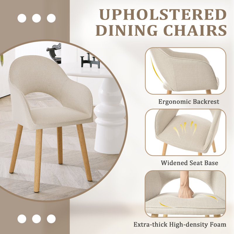 49.5cm H Luxury Fabric Upholstered Dining Chair with Wooden Legs, Beige Linen/Natural, 4