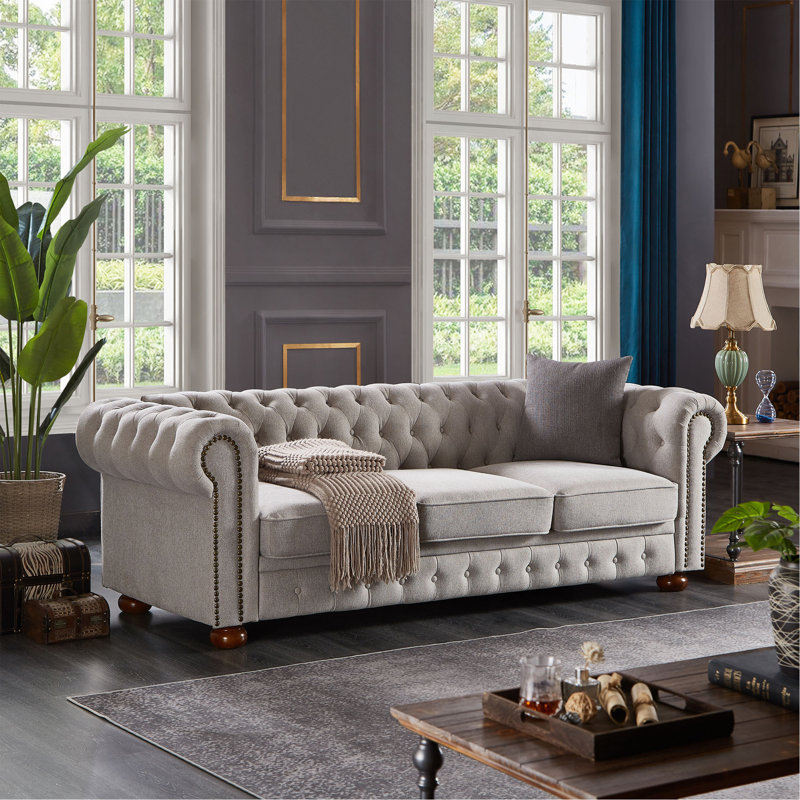 Comfortable Classic Chesterfield Sofa, Light Gray