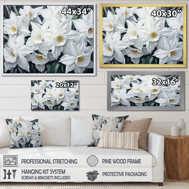 Minimalisme, jonquilles blanches I sur toile, Cadre flottant noir, H 34 po x l 44 po x P 1,5 po