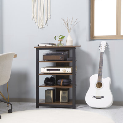 Meuble télé, meuble audio-vidéo, tour audio d'angle - avec tablettes de rangement et structure en acier, rangement dans le salon, brun