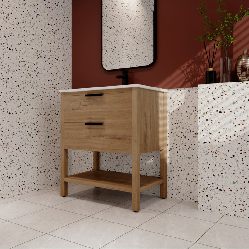 Meuble-lavabo simple 30,34 po avec comptoir en céramique Takirah, Chêne, Noir mat