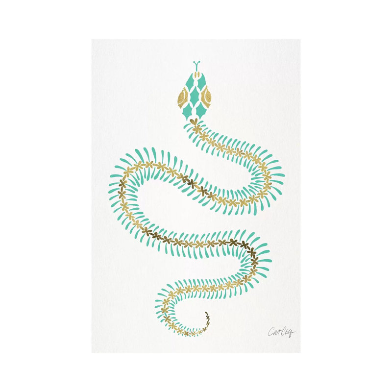 Strickler turquoise et squelette de serpent doré, H 60 po x l 40po x P 1,5 po, Papier d'art encadré noir, Blanc