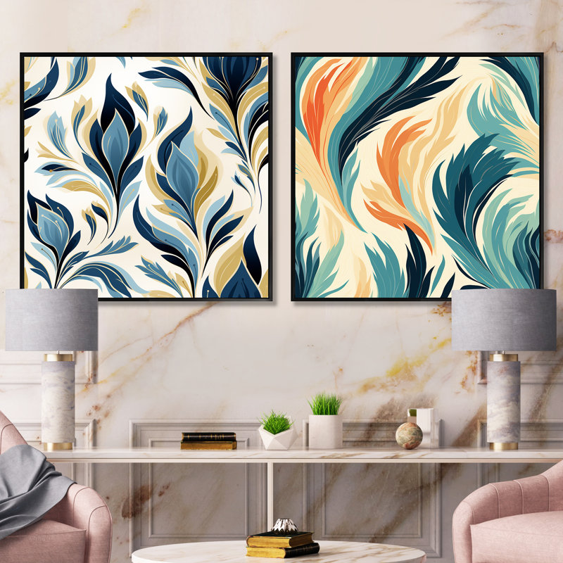 Ikat nordique bleu et vert Simplicity - Abstract Botanicals Square, Cadre flottant noir, H 16 po x l 33 po