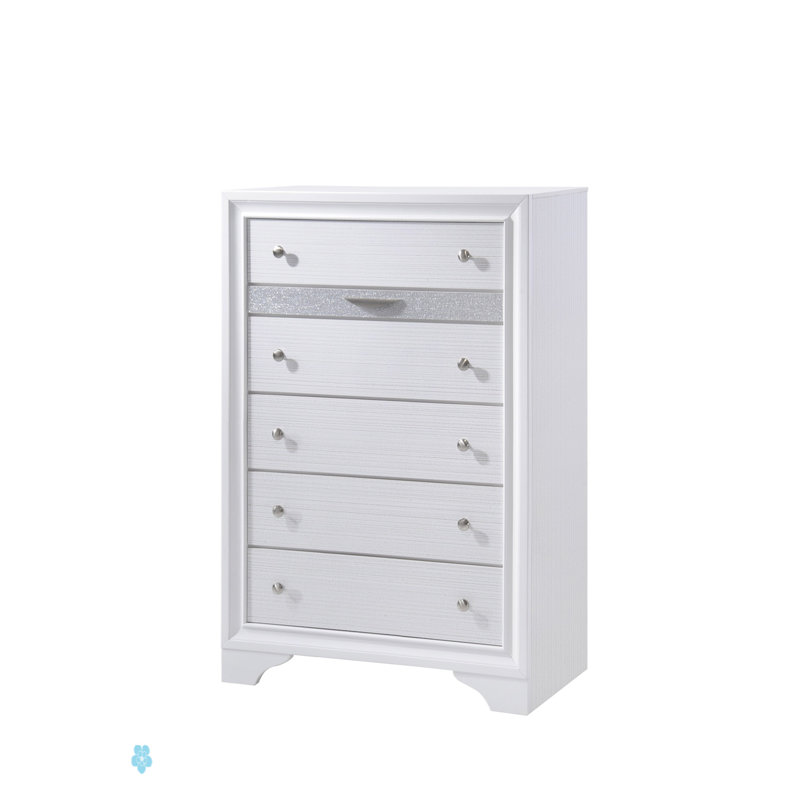 Commode 5 tiroirs de style traditionnel en bois de couleur blanche