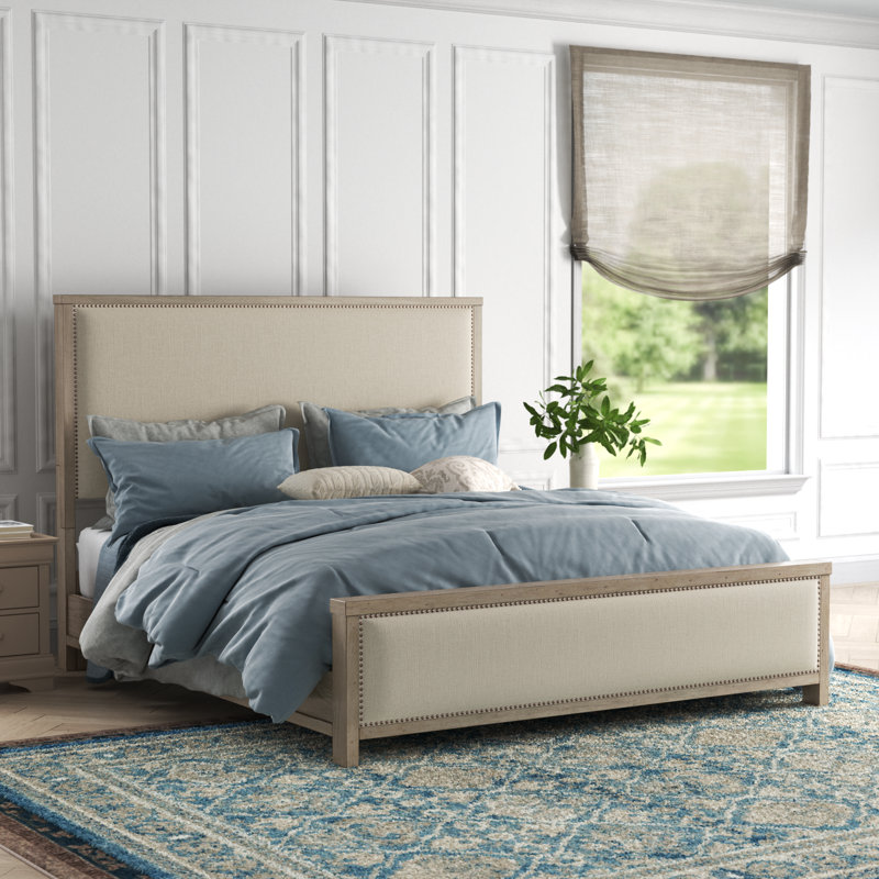 Barksdale Solid Wood Panel Bed with Upholstered Headboard & Nailhead Trim, California King