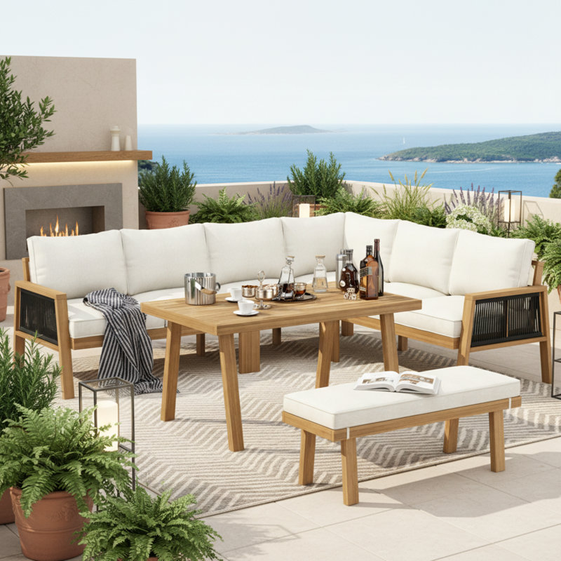 7 - Person Acacia Wood Patio Dining Set with Rectangular Table