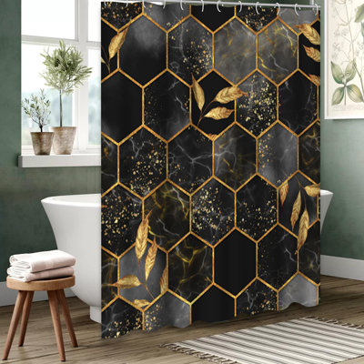 Gold Black Marble Hexagon Leaves Shower Curtain with 12 Hooks