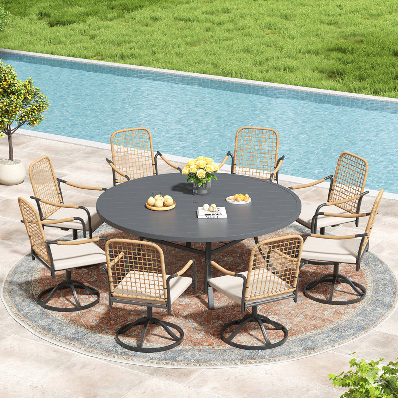 8 - Person Outdoor Dining Set With Cushioned Swivel Woven Rattan Chairs, Gray