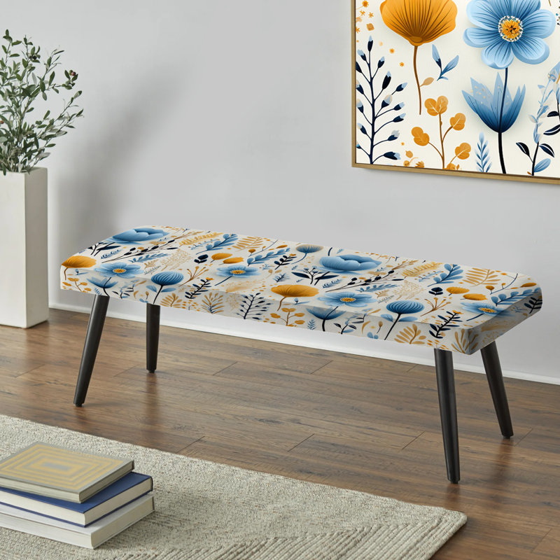 Motif de ferme bleu et jaune - Banc noir rembourré botanique
