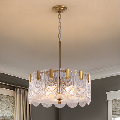 Jorgea 20'' Modern Gold Glass Drum Chandelier, 5-Light Luxury Dimmable Dining Room Ceiling Light