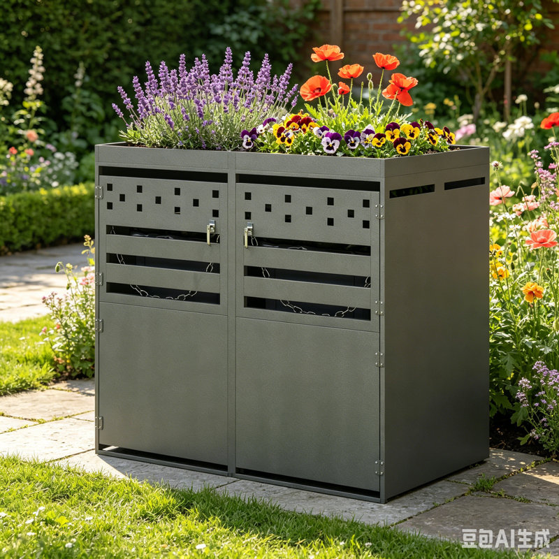 Wetherly Outdoor Trash Can Storage Box with 2 Lockable Doors, Ventilation & Top Planter,Grey
