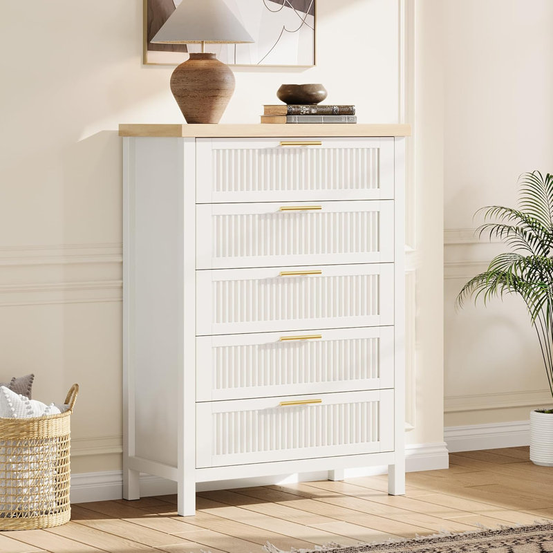 Commode haute cannelée 5 tiroirs pour chambre à coucher, commode de 42,9 po, commode en bois avec armoire de rangement pour vêtements, organisateur de tiroir, meuble télé pour chambre à coucher, salon, couloir