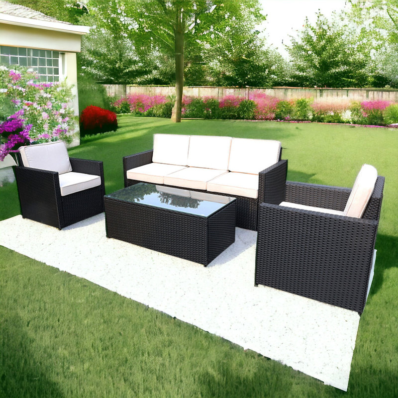 Berlin 3 Seater sofa Set Rattan 5 - Person Seating Group with Cushions, White, Black