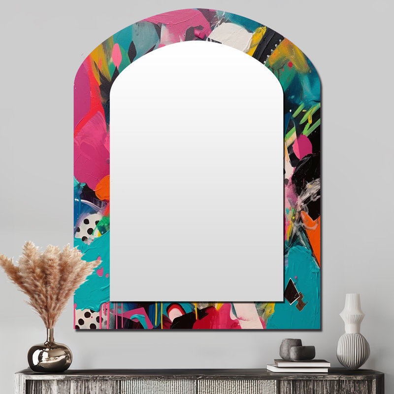 Pink and Turquoise Abstract Enigma II - Abstract Arch Mirror, Pink Asymmetrical Unique Wall Mirror, Printed Metal Art
