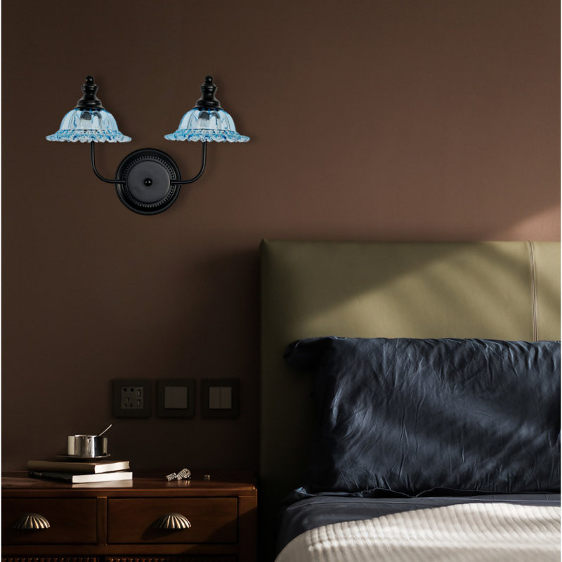 25.5" Wide 3-light Vanity Fixture, Black Frame And Blue Glass UL Listed, 2, Blue, Matte Black