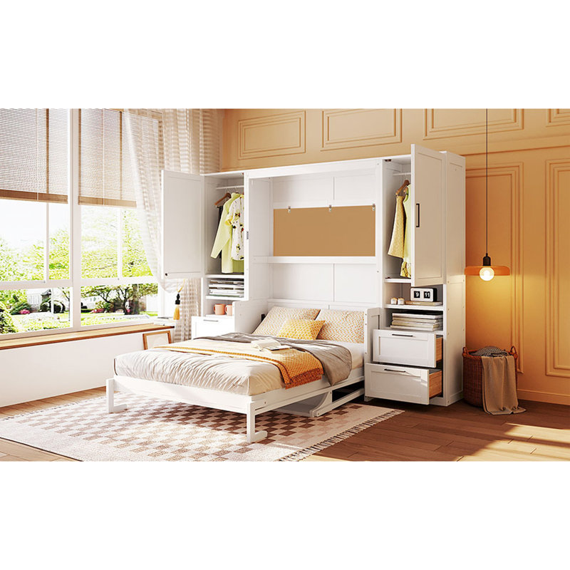 Lit escamotable double pleine grandeur avec placard, tiroirs et tablettes, blanc, Lit double, Blanc