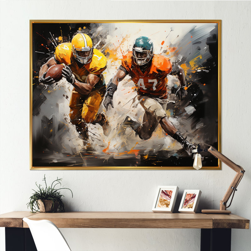 " Orange Football Abstract Victory ", 12" H x 20" W x 1" D, Gold Floater Framed