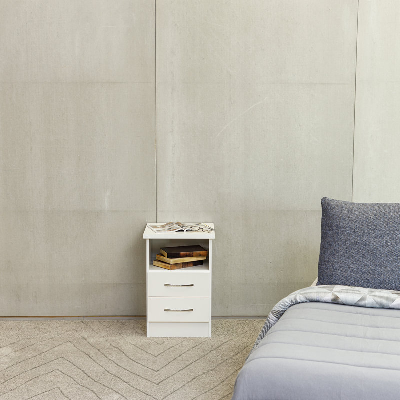 White Engineered Wood Modern 2-Drawer Nightstand with Open Shelf