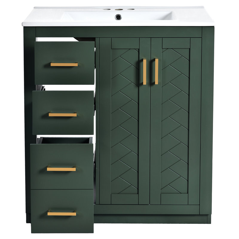 30'' Ceramic Sink Bathroom Vanity - Solid Wood & , Blue Decoration, 3 Drawers Convenient Storage 30" Cabinet With Frame Parts Concealed Space Stylish Furniture