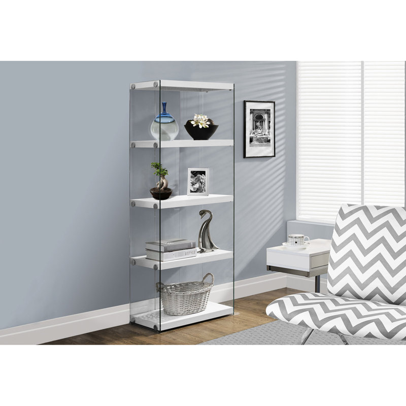 Hulo Accent Bookshelf, 5 Tier Storage, 59 Inch, Clear Glass, White