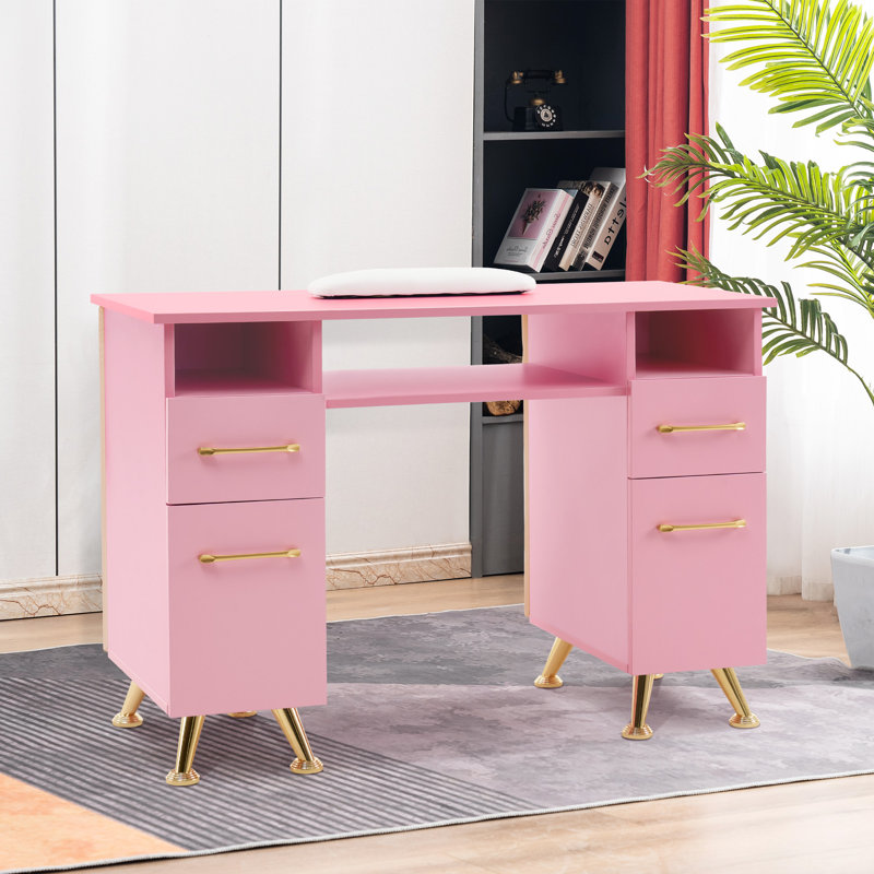 Ashayra Nail Desk with Cabinet and Drawer Upholstered Pad, White/Pink
