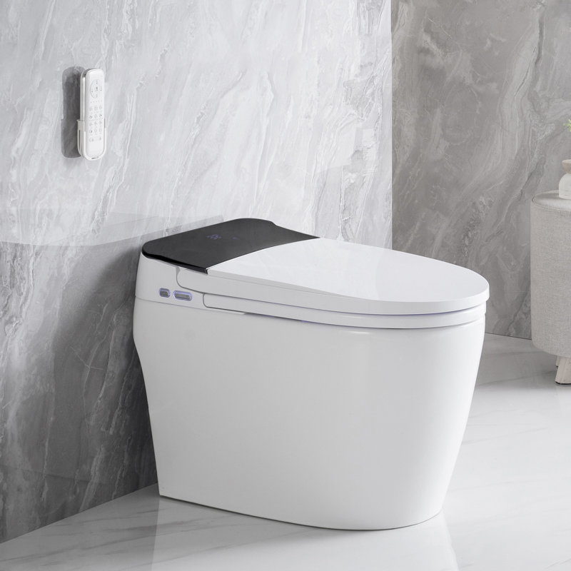 Toilette intelligente avec siège de bidet chauffant, chasse d'eau automatique, eau chaude, capteur de pied - caractéristique de luxe de la salle de bain, bouton latéral