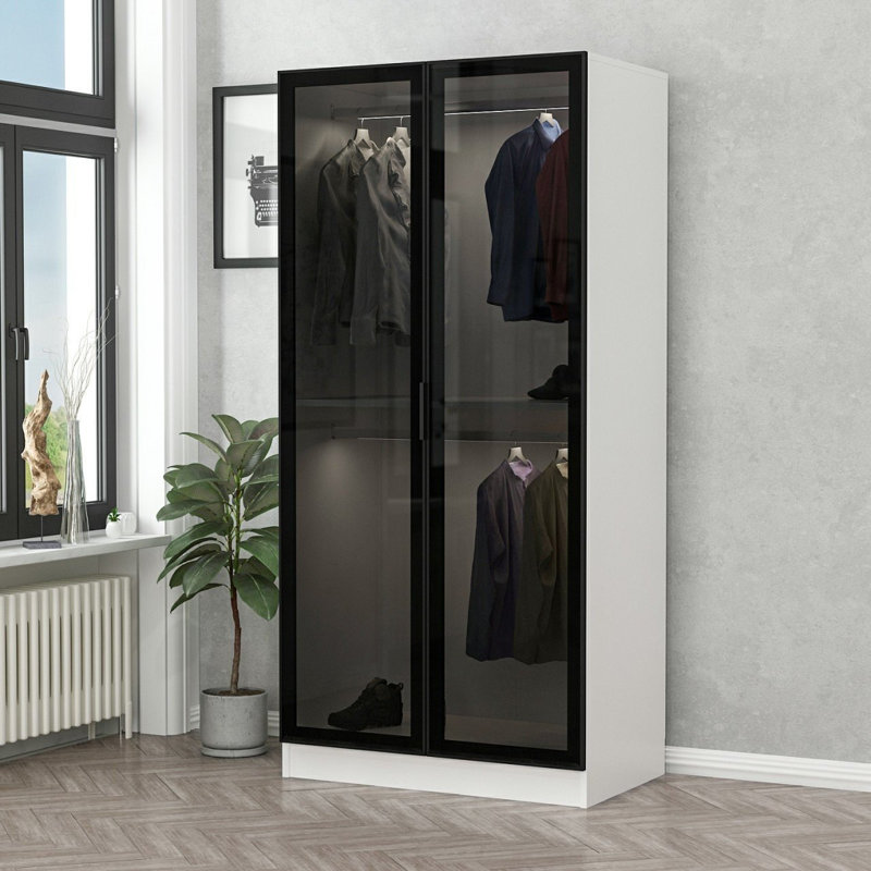 Garde-robe moderne avec design noir et blanc, panneau de particules enduit de mélamine à 100%, 35,4 po x 74,8 po x 20,5 po | Solution de rangement durable et élégante pour la chambre à coucher ou le placard | Conception élégante et fonctionnelle