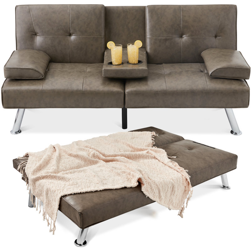Owlex Modern Convertible Futon Sofa w/ Removable Armrests, 2 Cupholders, Gray Faux Leather