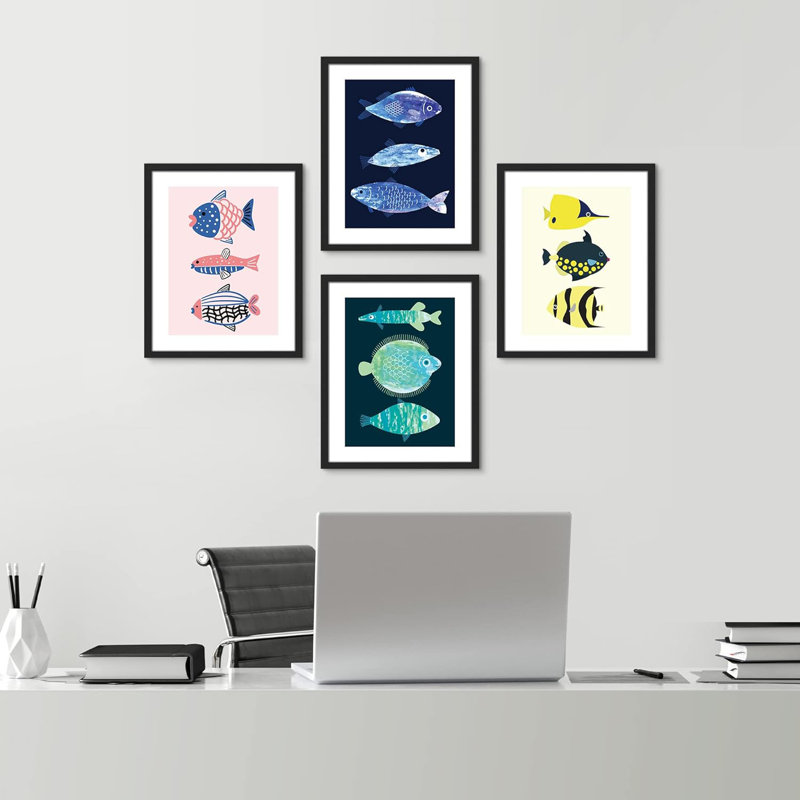 «Colorful Kid's Nursery», impression de 4 pièces encadrées sur papier, océan tropical, Noir, H 14 po x l 11 po x P 1 po