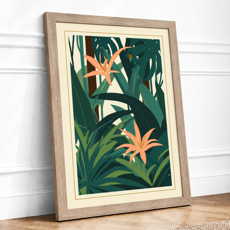 Teal Garden Blooms Botanical - Framed Print, A1 - 84.1 x 59.4 cm, Oak