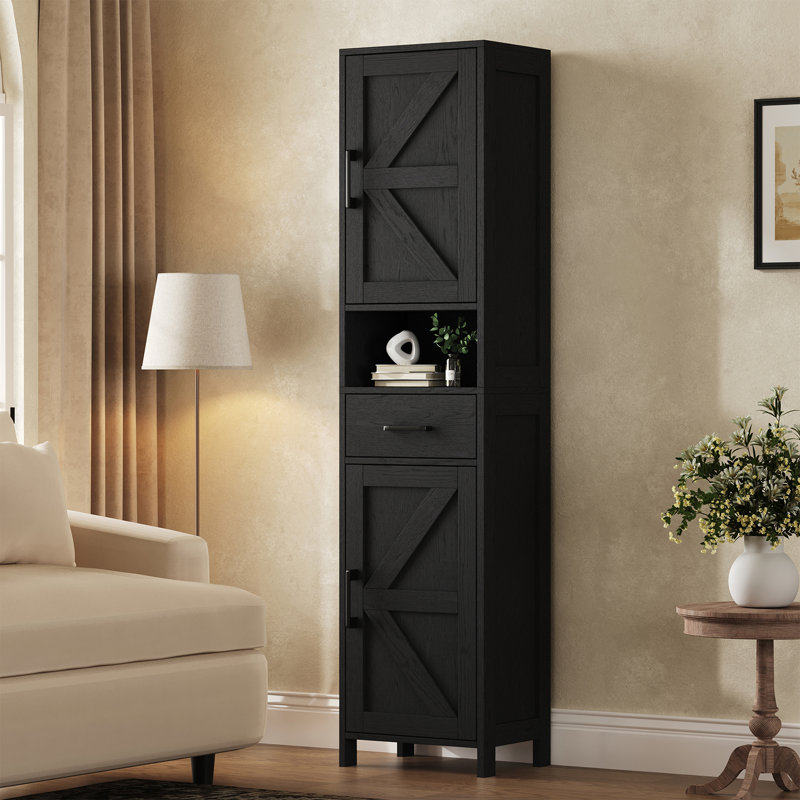 67" H x 15.7" W Freestanding Linen Tower with 2 Doors and 1 Drawer, Black