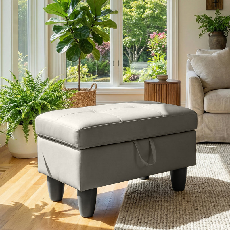 Rectangular Storage Ottoman Bench With Hinged Lid, Faux Leather Footrest For Living Room, Bedroom, Entryway, Silver Gray, 28.5"X19"X17.5"