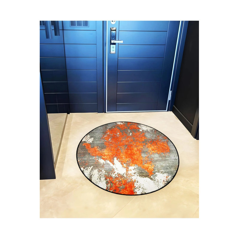 Orange Gray Themed Abstract Patterned Round Woven Base Modern Decorative Carpet, Round 2'8"
