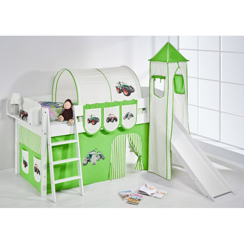Trecker European Single Mid Sleeper Bed with Textile Set, Green / Beige