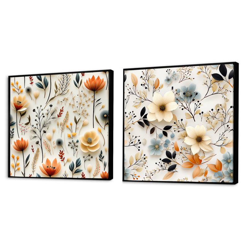 Automne orange et blanc fleurs de chalet III - ensemble de collage carré floral 2, Cadre flottant noir, H 16 po x l 33 po